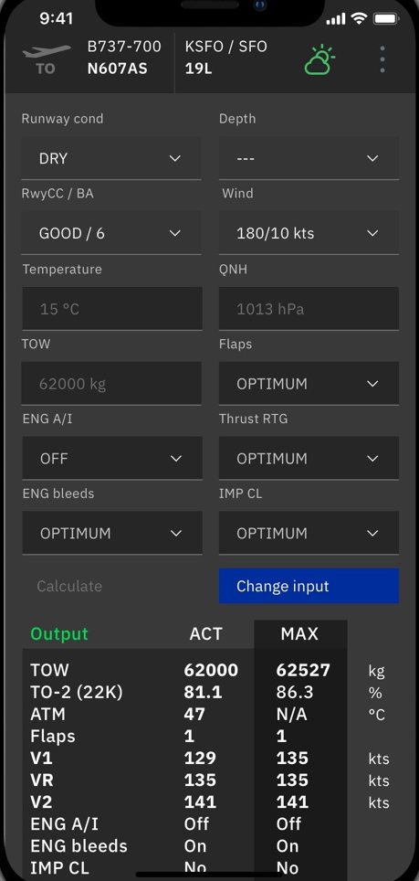 DS Contingency Solution takeoff calculation in a phone browser, actual application screenshot