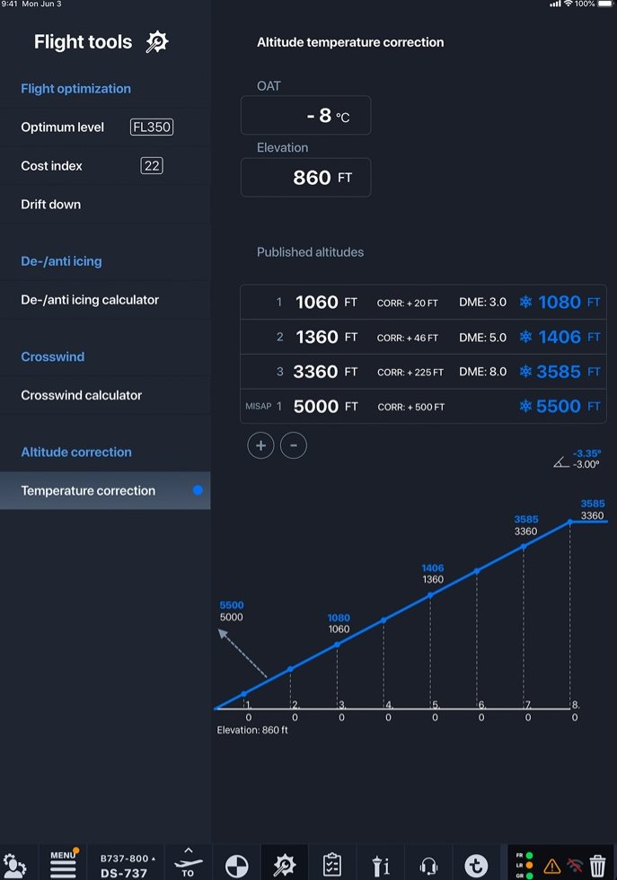 DS Flight Tools altitude temperature correction, actual application screenshot