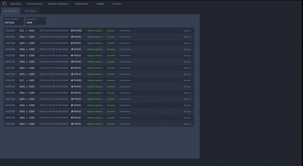 JAWS operations view listing current flights, actual application screenshot