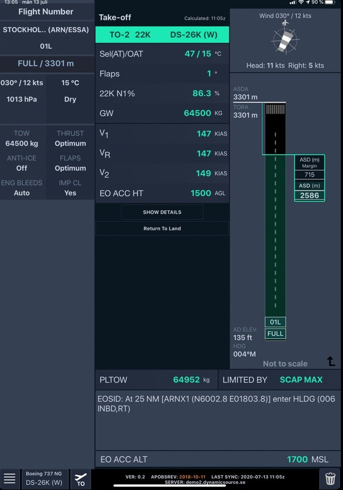 DS Performance takeoff calculation, actual application screenshot