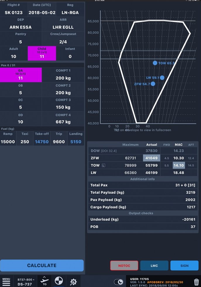 DS Weight & Balance loadsheet with balance envelope, actual application screenshot